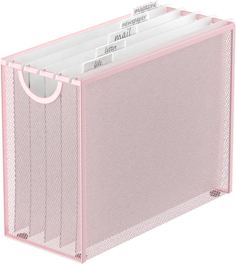 Sinboun Hanging File Organizer Letter-Size File Holder Filing Box Includes 5 Hanging Folders - Metal Mesh Magazine Letter Storage Cabinets File Cart for Office Home School, No Assembly Required Pink - Image 1